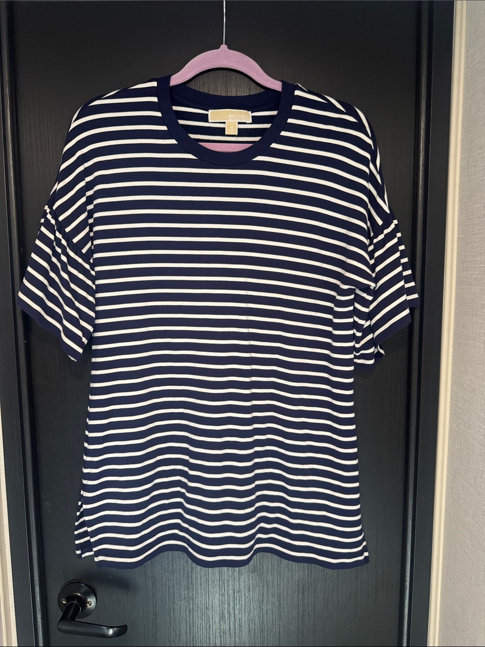 Michael Kors Navy and White Striped Short-Sleeve Crewneck Tee